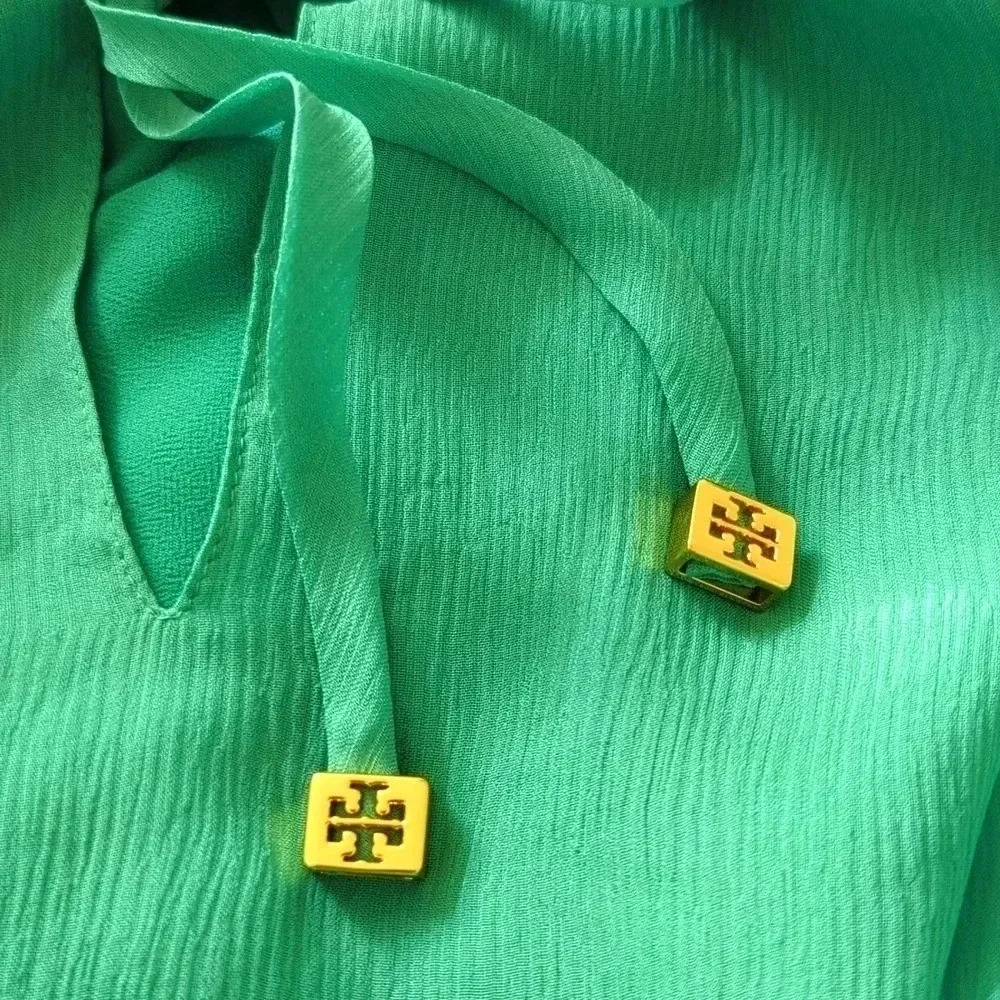 Tory Burch Silk Tie Neck Blouse in Teal - Picture 6 of 7
